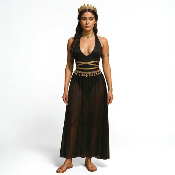 New Large‎ Goddess Costume Halter Black Sheer Dress Gold Halloween Cleopatra - Picture 2 of 7